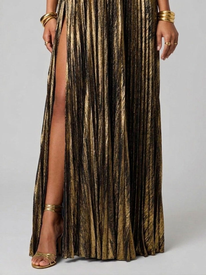 Elegant women's strapless maxi dress for formal events, a perfect wedding guest outfit.