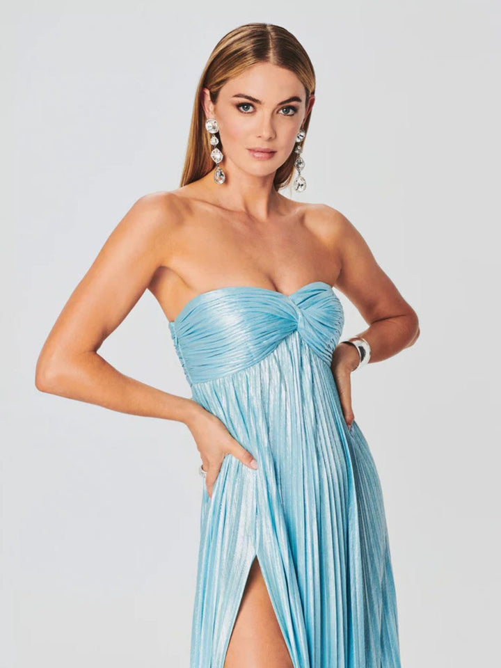 Elegant women's strapless maxi dress, a stunning formal gown for evening events.