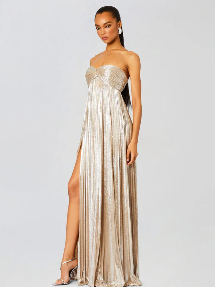 Chic strapless maxi dress for women, excellent wedding guest attire & evening wear.