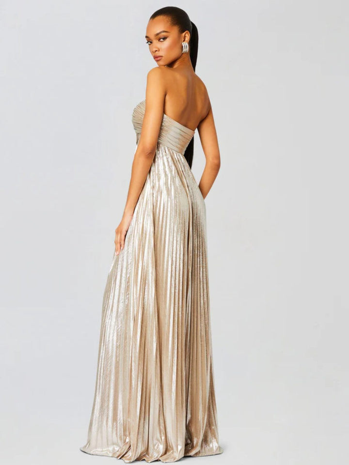 Formal women's strapless maxi dress, elegant choice for prom, galas & cocktail parties.