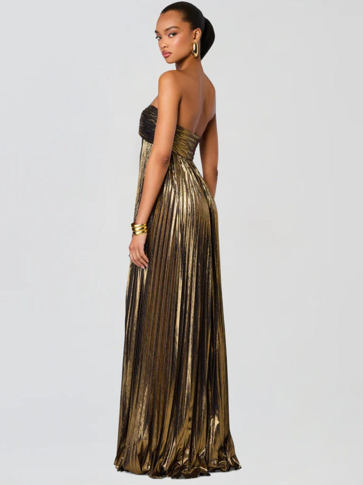 Women's elegant evening gown, strapless maxi style for formal occasions & celebrations.