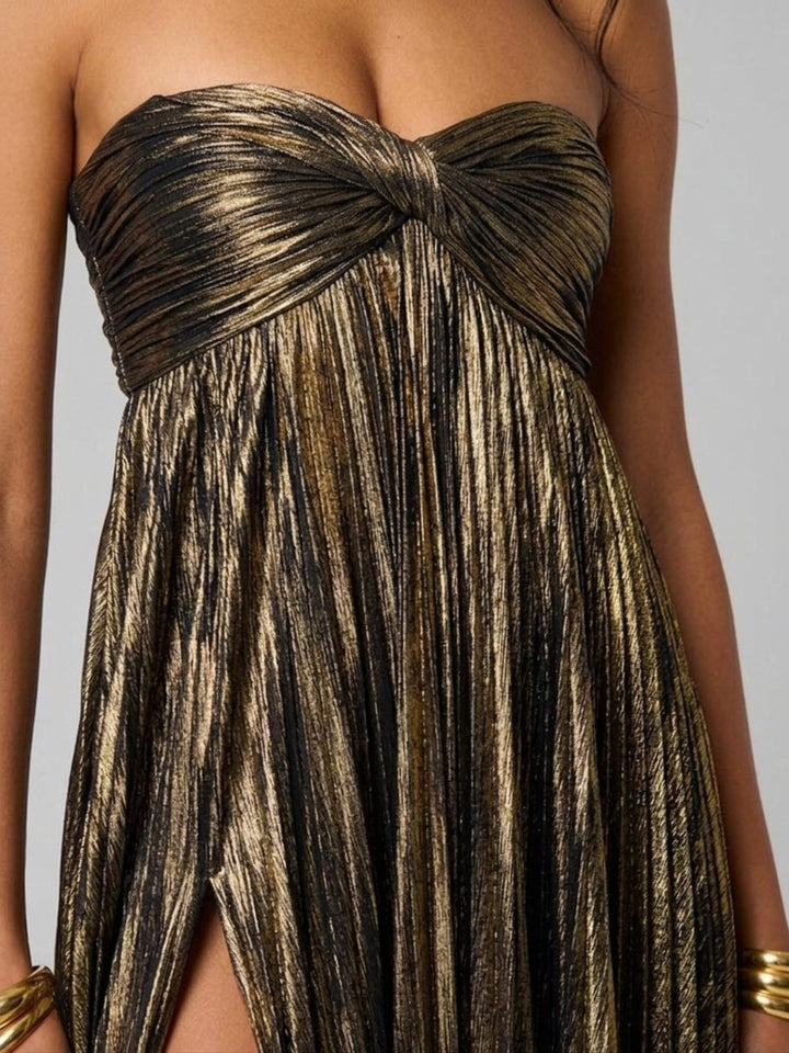 Sophisticated women's strapless maxi dress, ideal for weddings, proms & formal dinners.