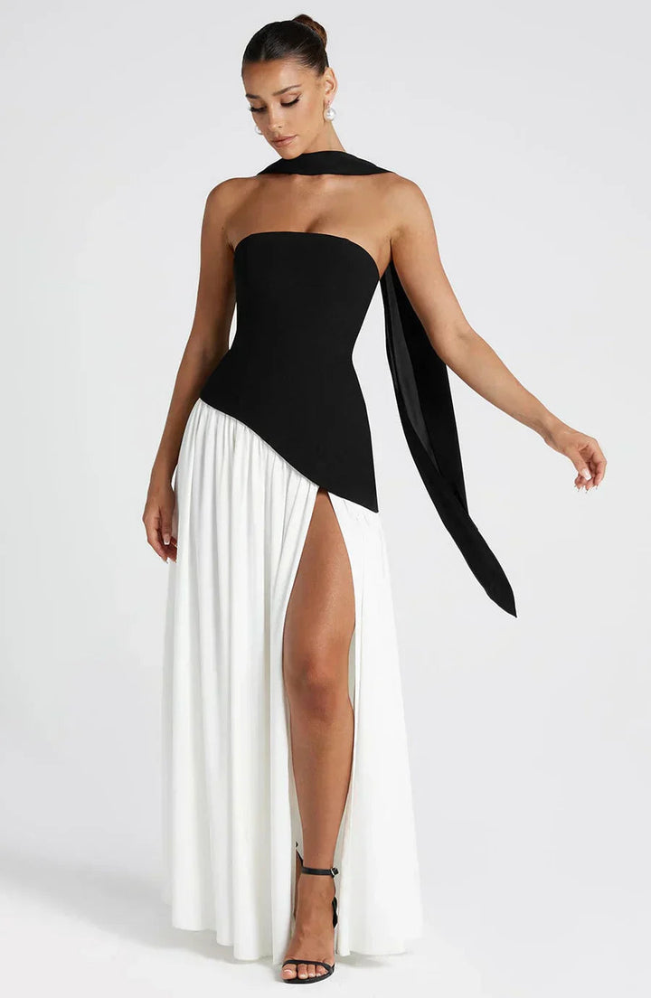 Asymmetric hem strapless maxi dress, perfect for women attending summer events or parties.