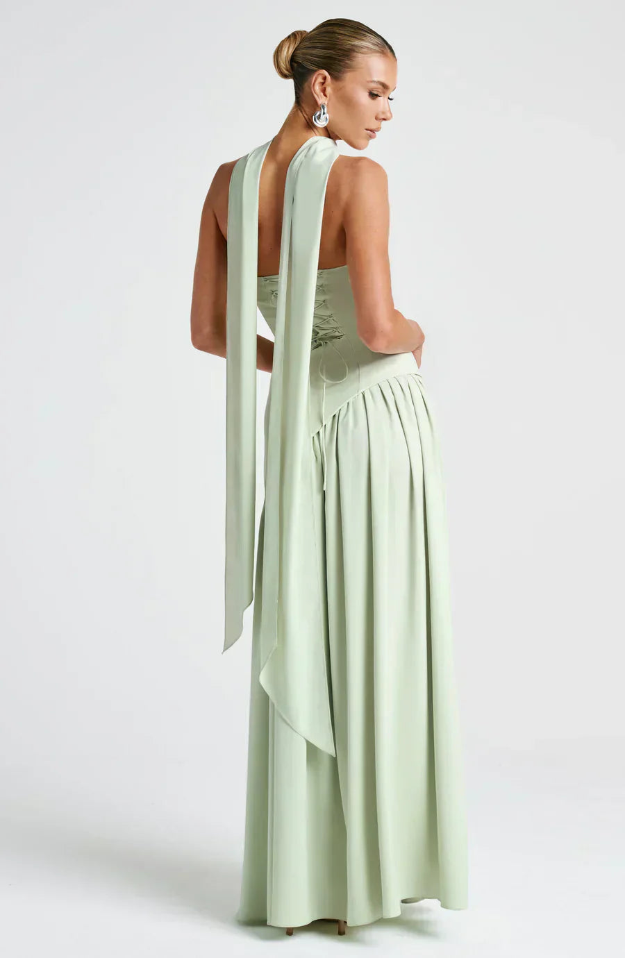 Women's special occasion strapless dress, long, with a stylish high slit and asymmetric cut.
