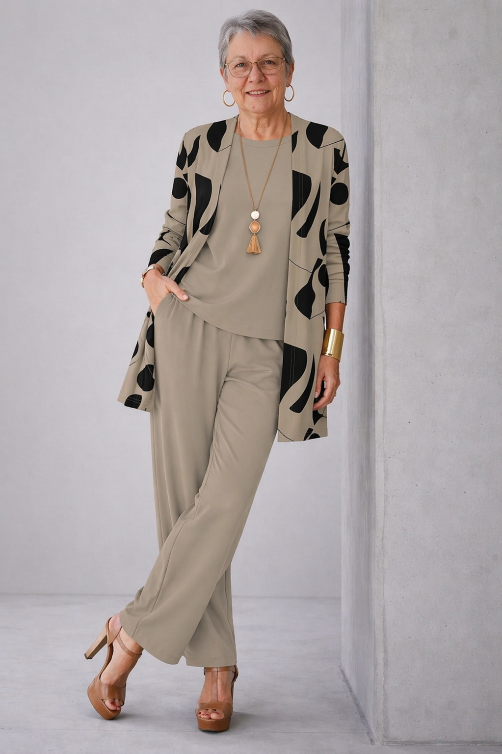Elegant taupe women's 3-piece lounge set with wide leg pants & cardigan for comfortable spring/autumn style.