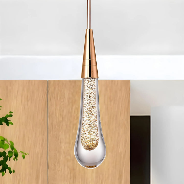 Unique teardrop crystal pendant light, adds elegant modern charm to living room or hallway.