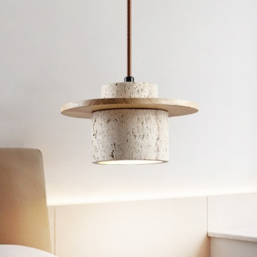 Elegant travertine pendant lamp with natural stone and wood details, modern ceiling light for stylish home decor.