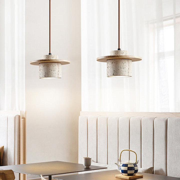 Bedroom pendant lamp: elegant travertine and wood ceiling light with adjustable LED, matte finish, modern design.