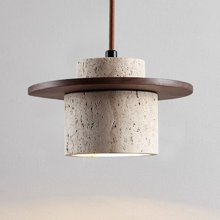 Stylish travertine and wood pendant lamp, a modern ceiling light enhancing interior design with natural stone elegance.