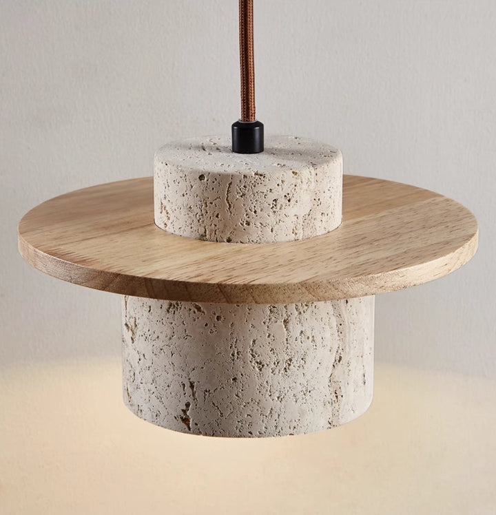 Contemporary travertine pendant lamp with adjustable LED light, a sleek natural stone and wood ceiling fixture.