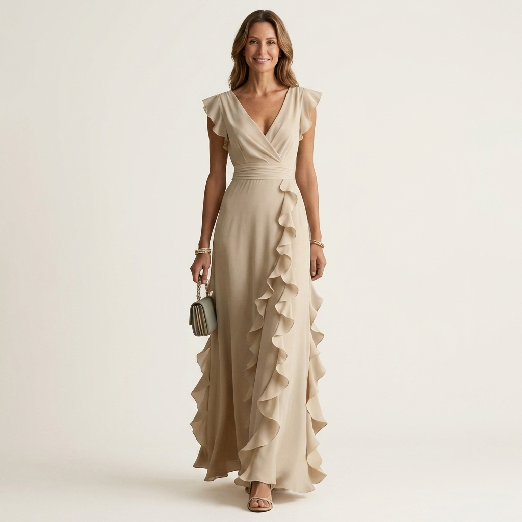 Elegant V-neck flutter sleeve ruffle maxi dress for women's formal occasions.
