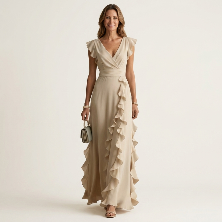 Elegant V-neck flutter sleeve ruffle maxi dress for women's formal occasions.