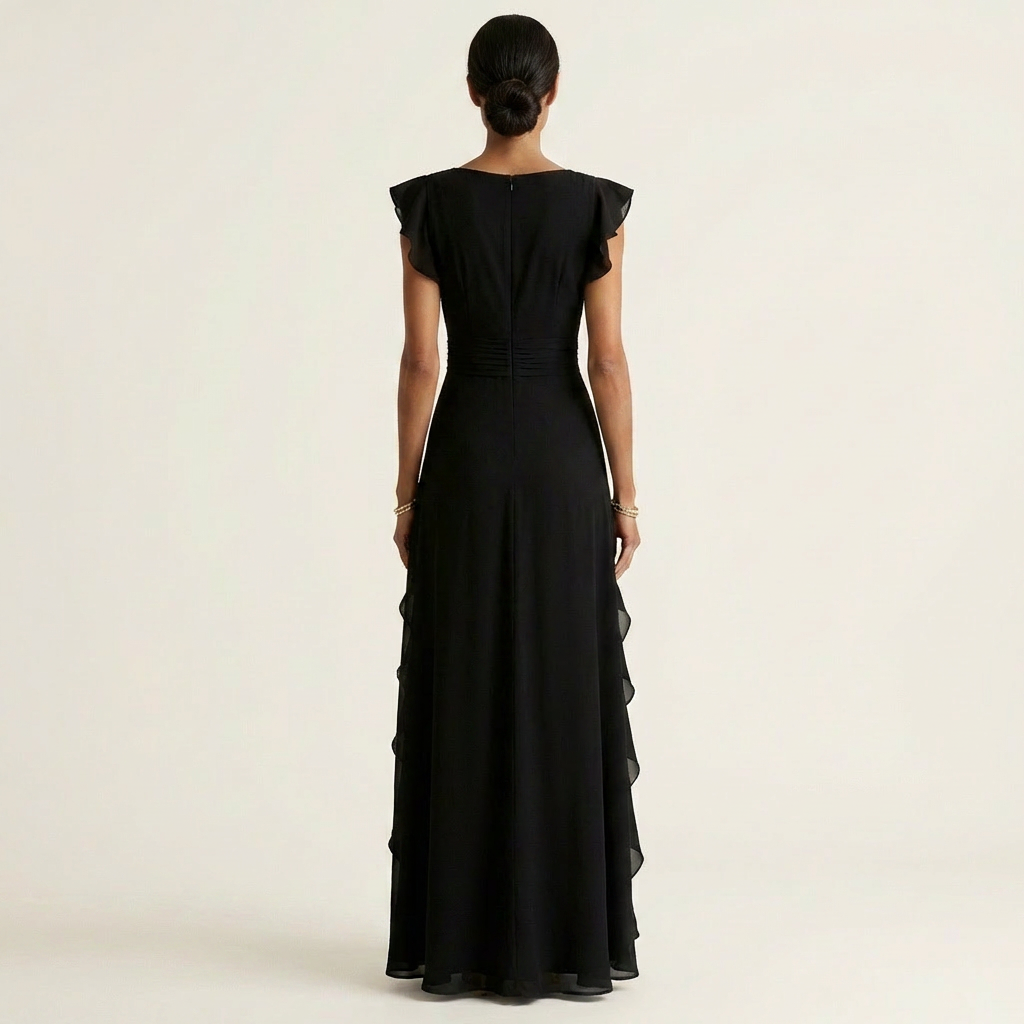 Elegant V-neck, flutter sleeves, and ruffle details on a women's sophisticated maxi dress.
