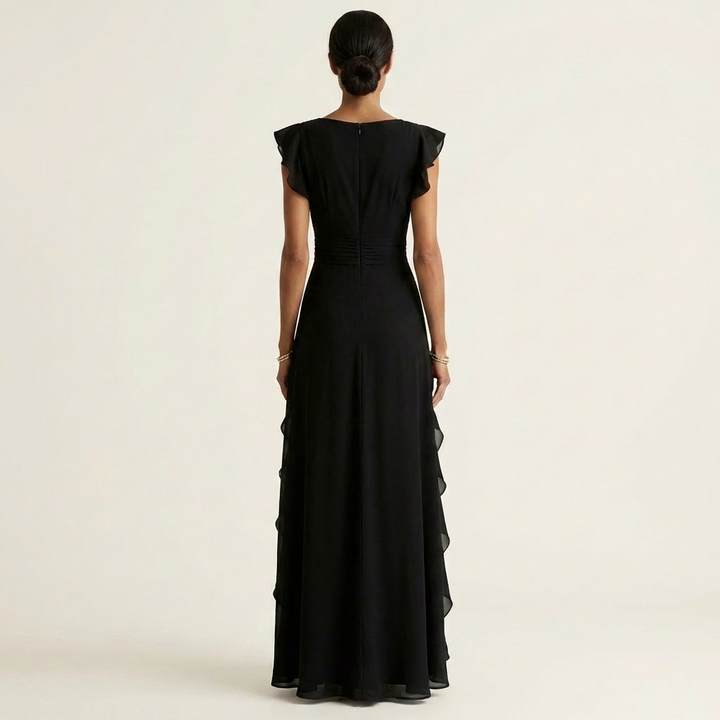 Elegant V-neck, flutter sleeves, and ruffle details on a women's sophisticated maxi dress.