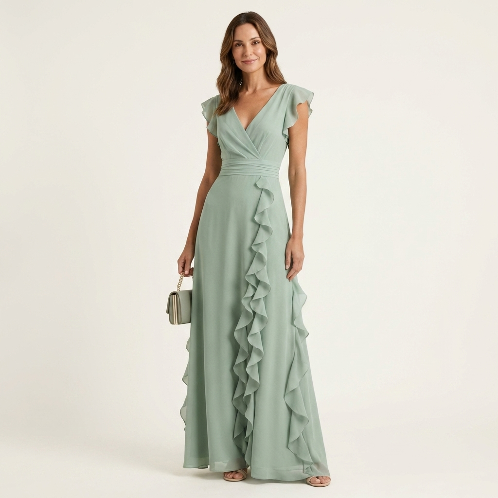 Women's elegant maxi dress, a V-neck design with graceful flutter sleeves and flowing ruffles.