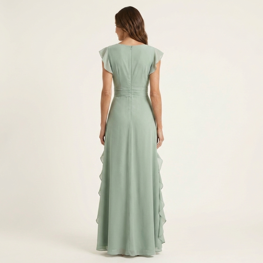 Versatile V-neck flutter sleeve maxi dress, suitable for formal parties, evenings, and special events.