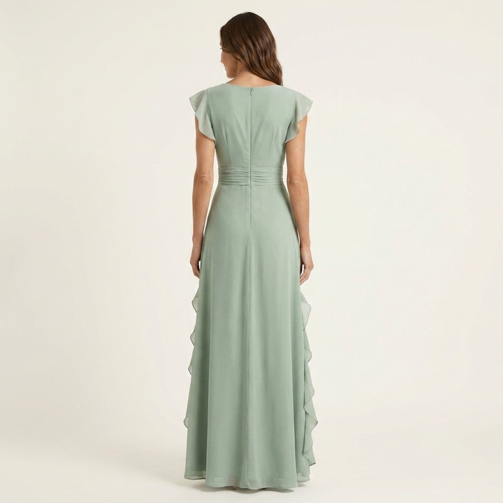 Versatile V-neck flutter sleeve maxi dress, suitable for formal parties, evenings, and special events.