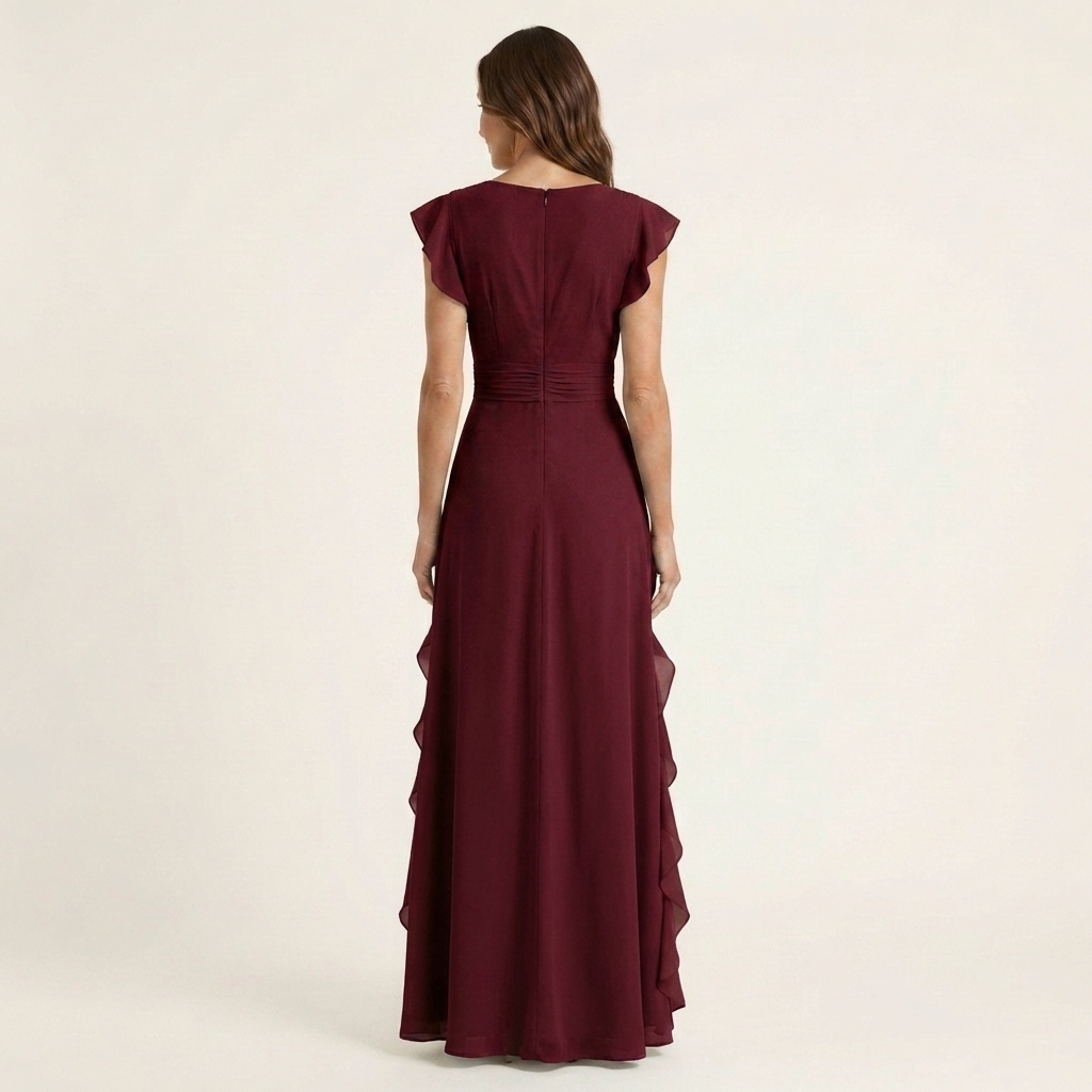 Beautiful V-neck maxi dress featuring delicate flutter sleeves and tiered ruffle details for women.