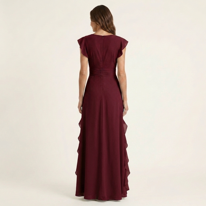 Beautiful V-neck maxi dress featuring delicate flutter sleeves and tiered ruffle details for women.