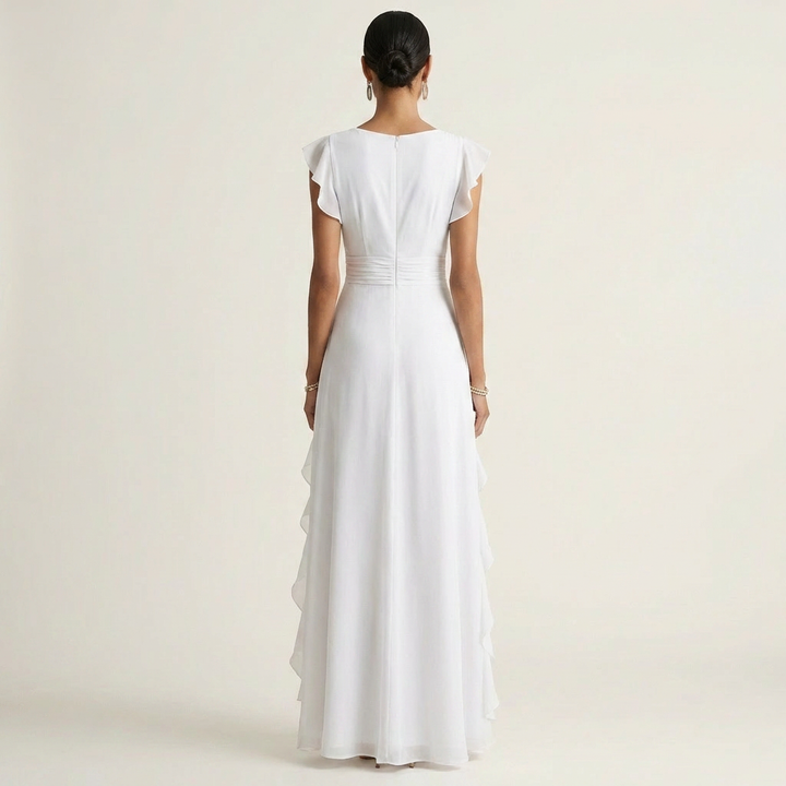 Sophisticated women's V-neck maxi dress with elegant flutter sleeves and cascading ruffle design.