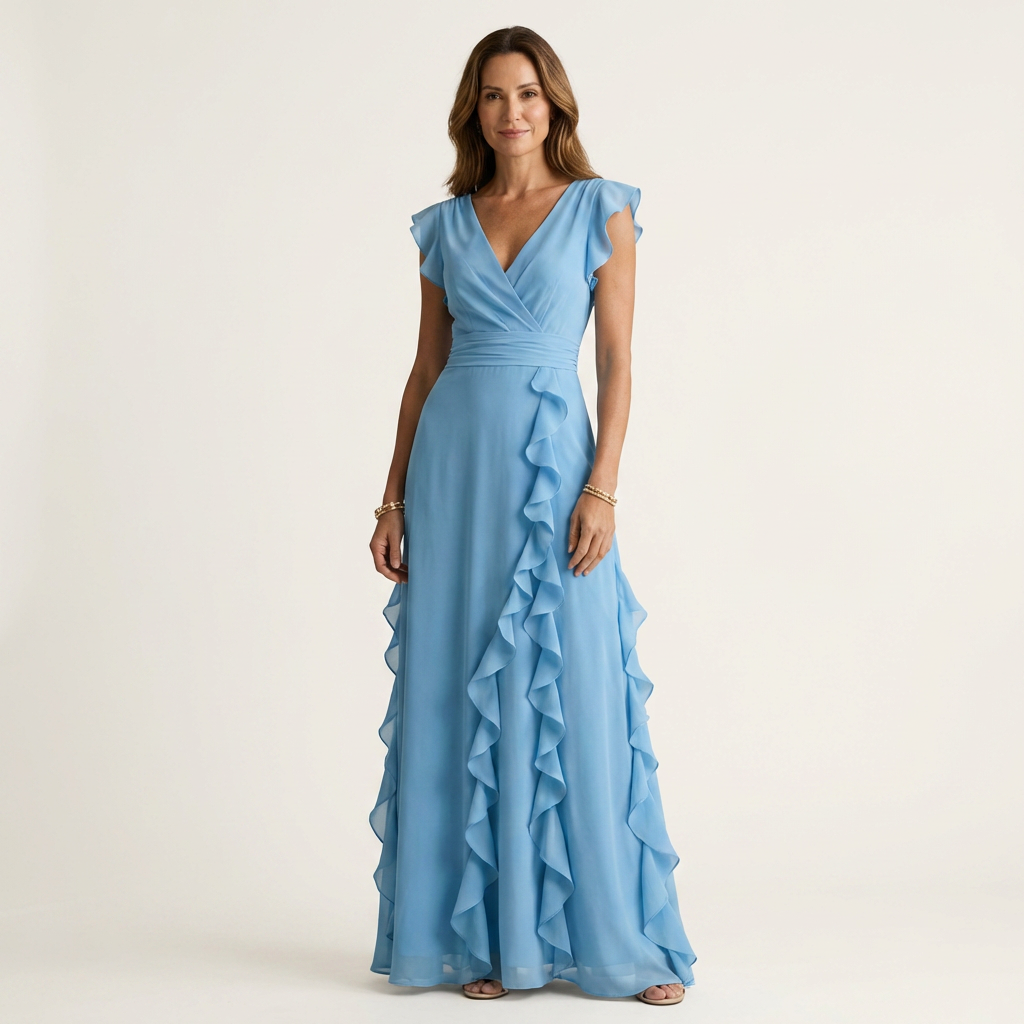Stunning V-neck flutter sleeve maxi dress, ideal for special occasion events and formal parties.