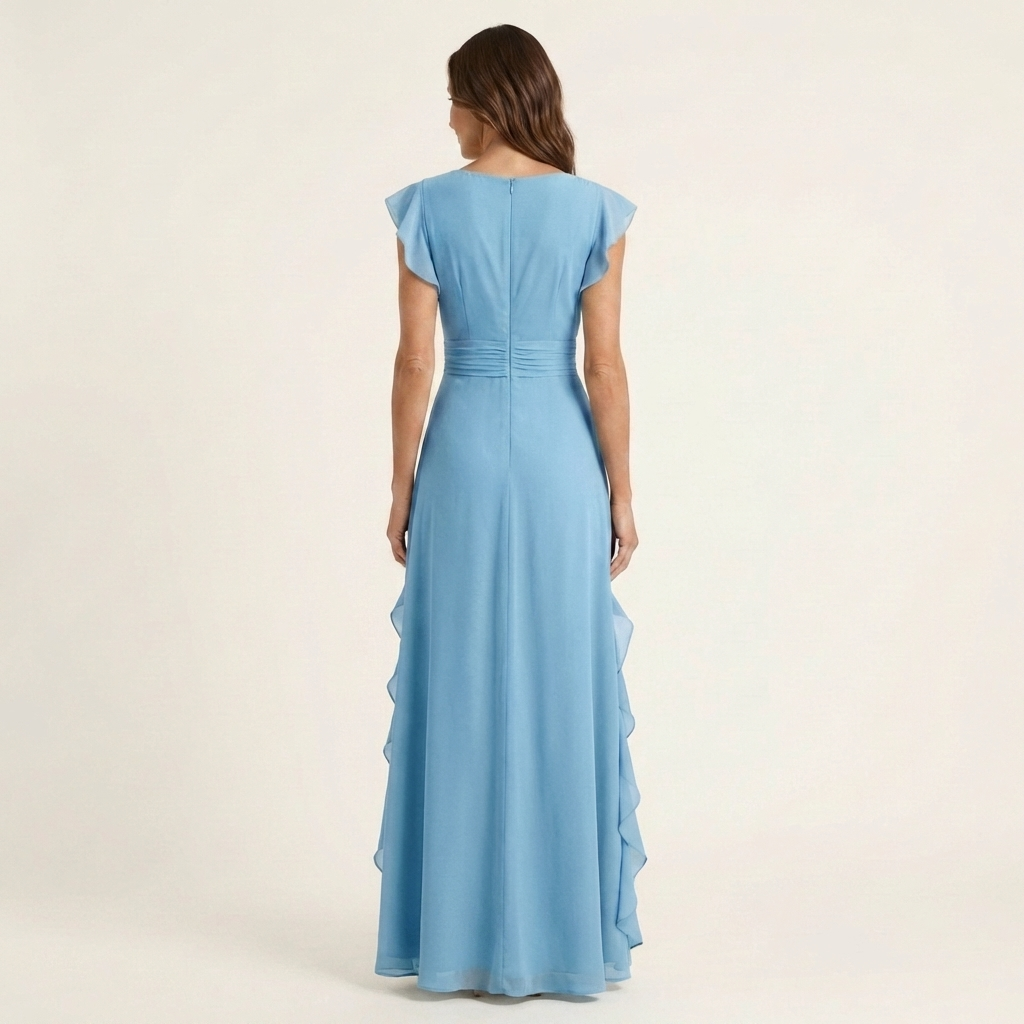 Flattering V-neck flutter sleeve maxi dress with elegant ruffles, enhancing a woman's silhouette.