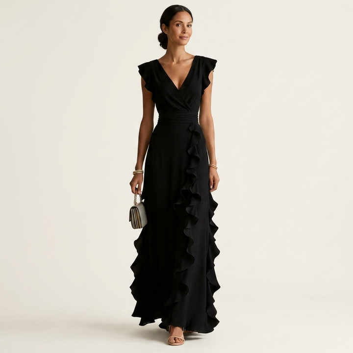 Full-length shot of an elegant V-neck flutter sleeve ruffle maxi dress for women's formal wear.