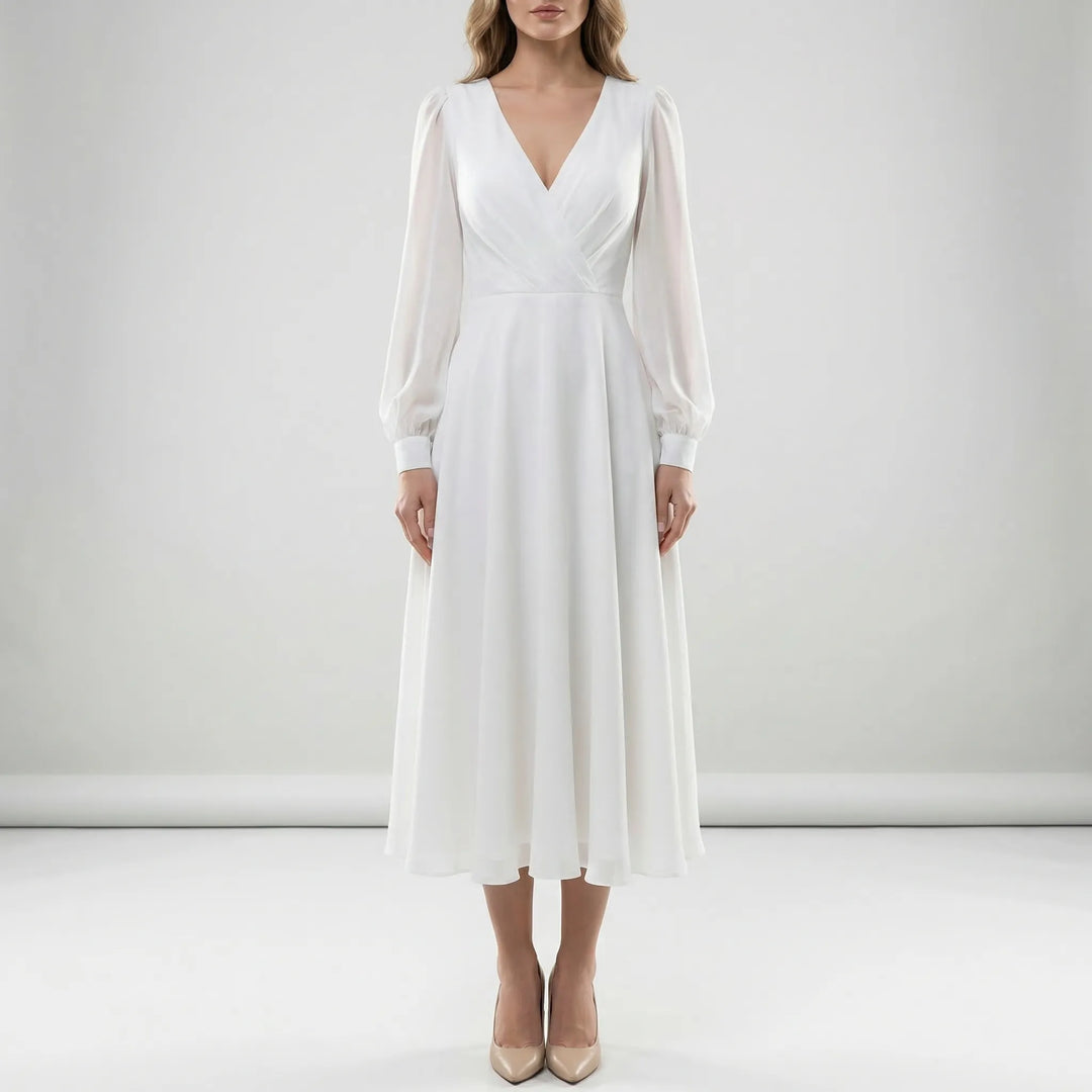 Elegant V-neck long sleeve A-line wedding dress with flowing skirt