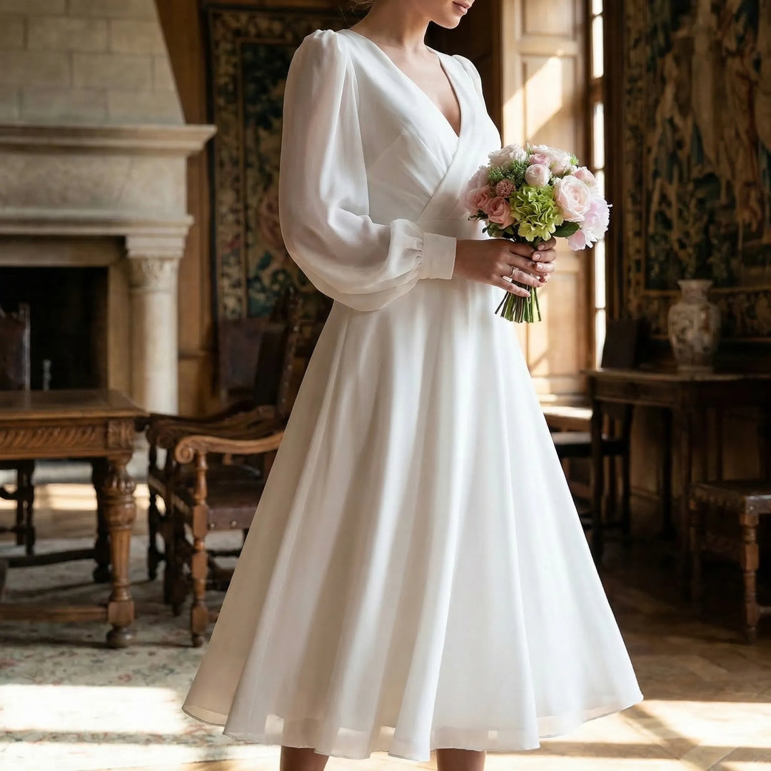 Classic bridal gown featuring long sleeves and a flattering V-neckline