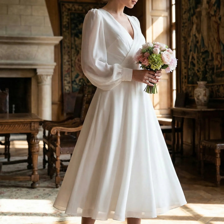 Classic bridal gown featuring long sleeves and a flattering V-neckline