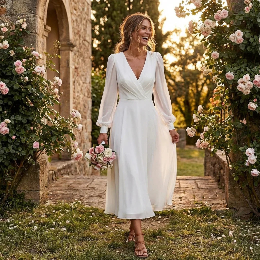 Plus size wedding dress with a graceful V-neck and flowing long sleeves