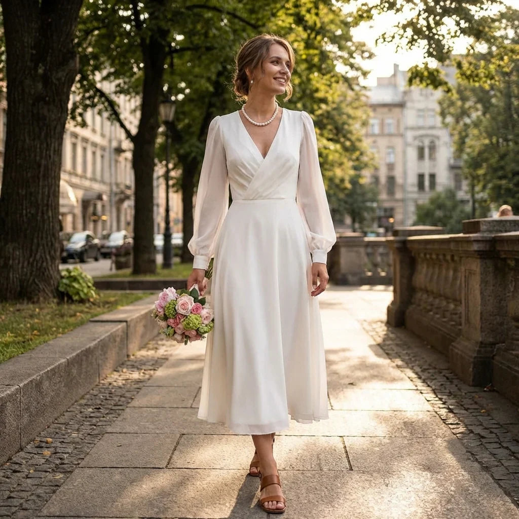 Beautifully flowing A-line bridal gown with sophisticated long sleeves
