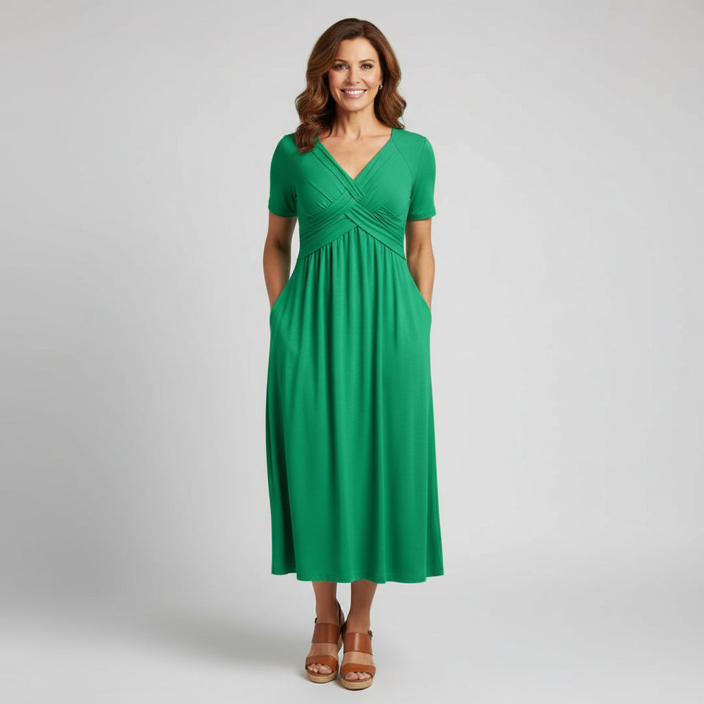 Elegant V-Neck Midi Dress - Flowing & Flattering Fit