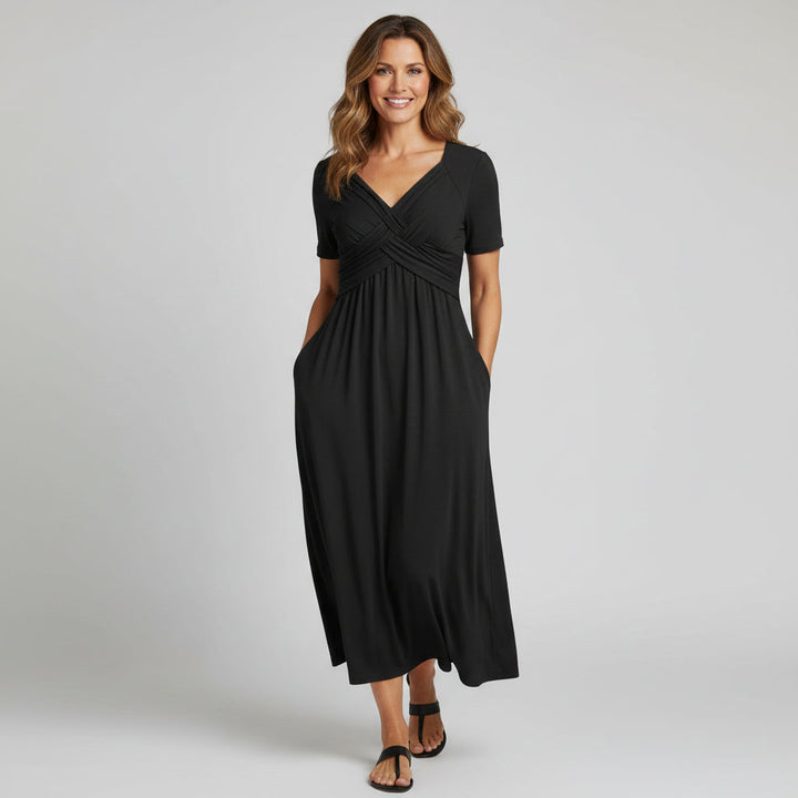 Elegant V-Neck Midi Dress - Flowing & Flattering Fit