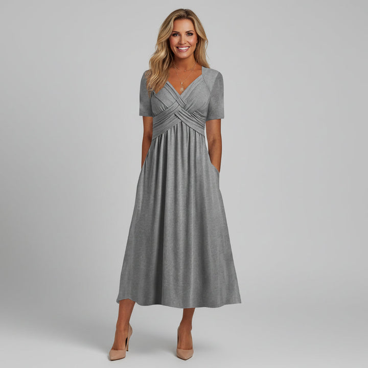 Elegant V-Neck Midi Dress - Flowing & Flattering Fit
