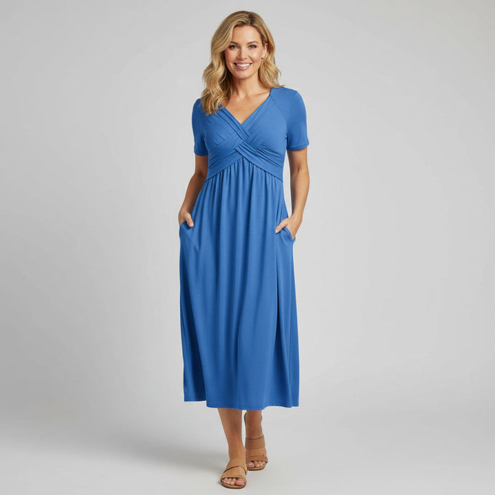 Elegant V-Neck Midi Dress - Flowing & Flattering Fit