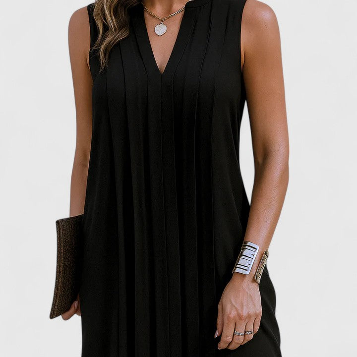 Flattering women's V-neck midi dress, elegant style suitable for work or casual chic.