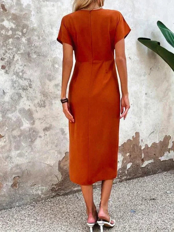 Classic V-neck elegant midi summer dress for women, offering a comfortable, flattering fit for any occasion.