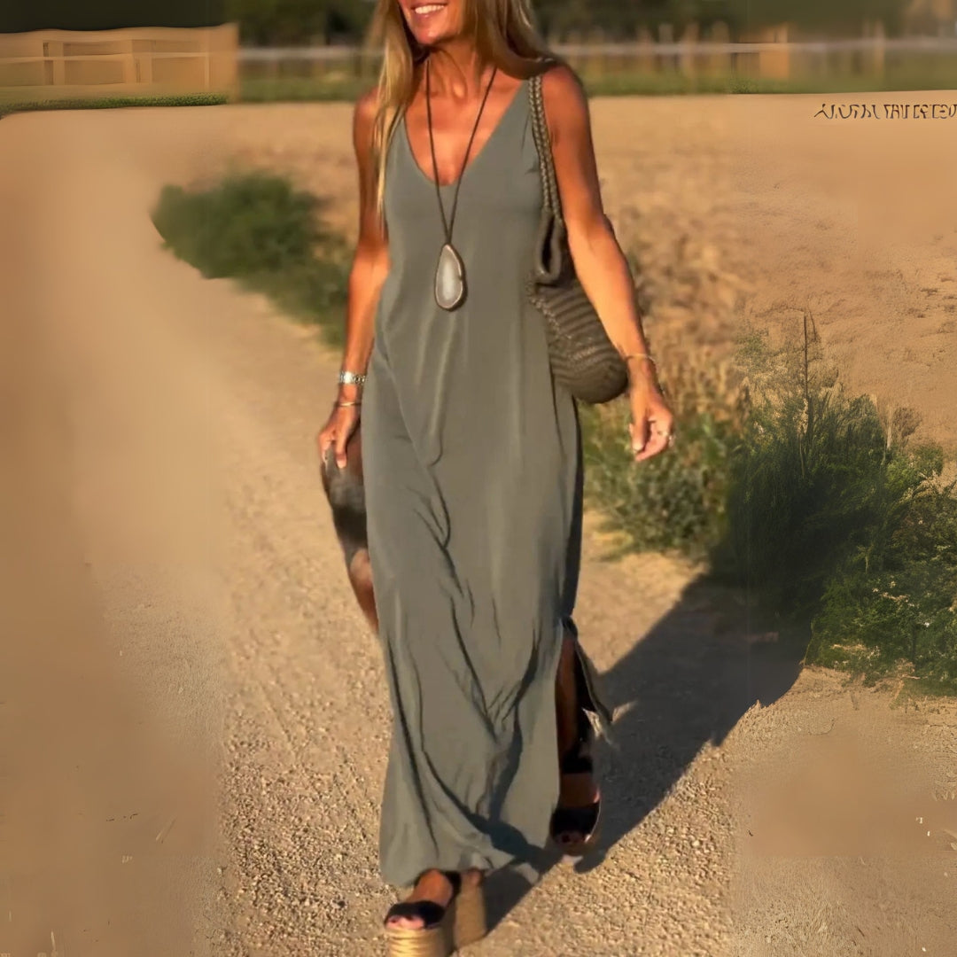 Elegant V-neck women's maxi dress, perfect for summer occasions, ladies fashion, or versatile wear.