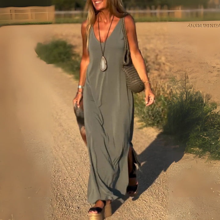 Elegant V-neck women's maxi dress, perfect for summer occasions, ladies fashion, or versatile wear.
