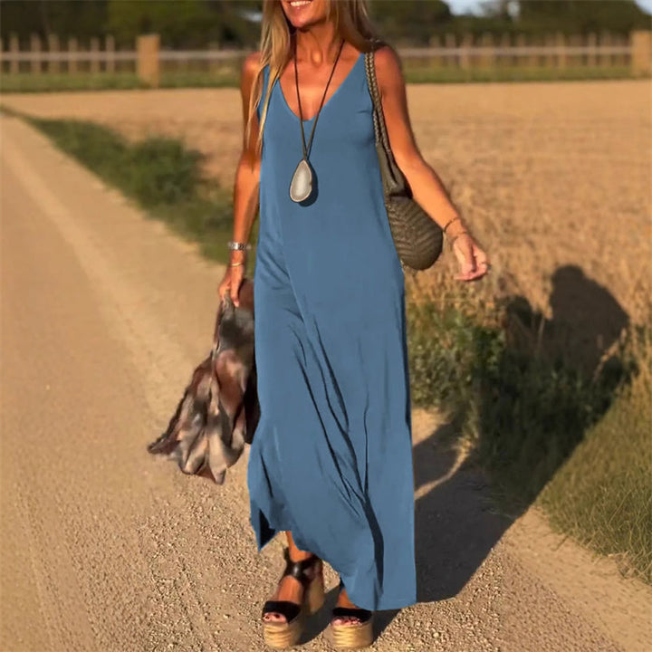 Comfortable, elegant, flowy V-neck maxi dress for women; a versatile long dress for any occasion.