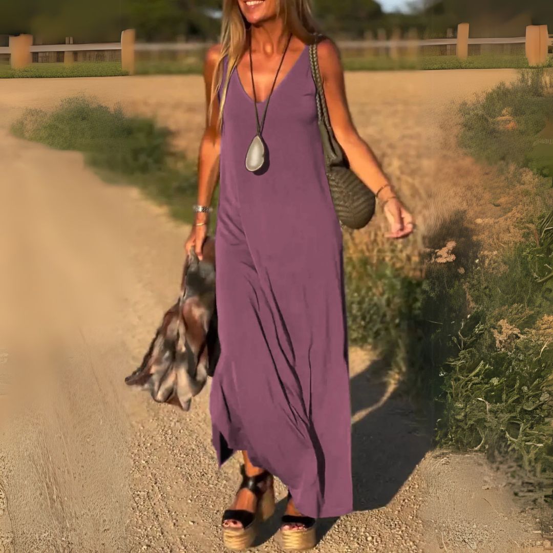 Stylish long V-neck maxi dress for women; elegant summer fashion, perfect for casual or party wear.