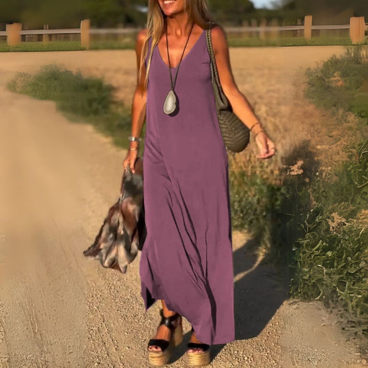 Stylish long V-neck maxi dress for women; elegant summer fashion, perfect for casual or party wear.