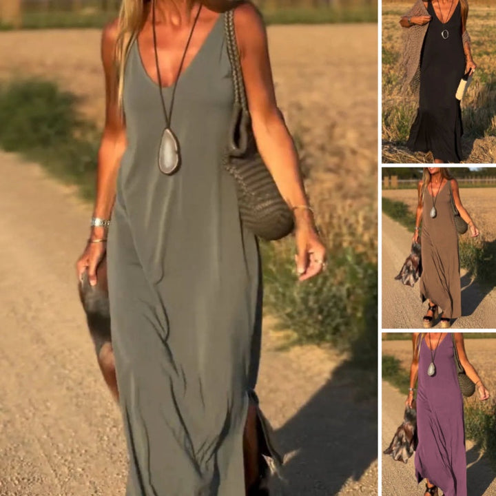 Women's elegant maxi dress, a versatile long V-neck style for summer, parties, and casual fashion.