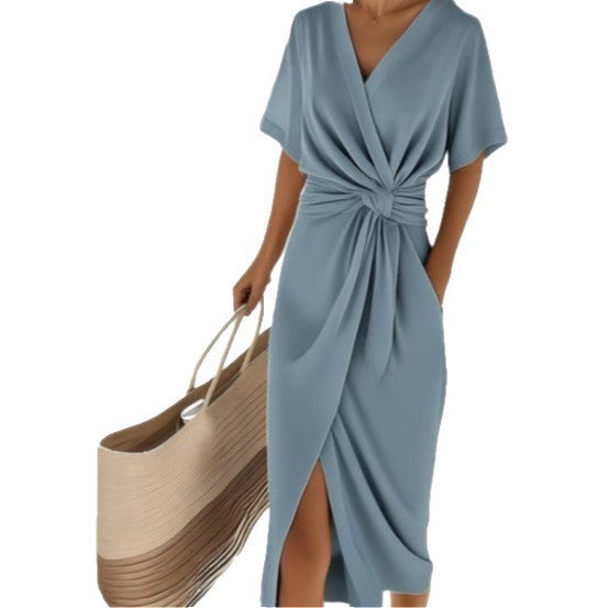 Apricot V-neck wrap dress. Flattering women's summer dress with side slit for elegant fashion.