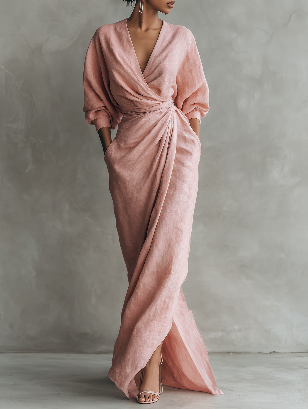 Elegant V-neck wrap maxi dress for women. Features relaxed fit & all-season style. Perfect for smart casual looks.
