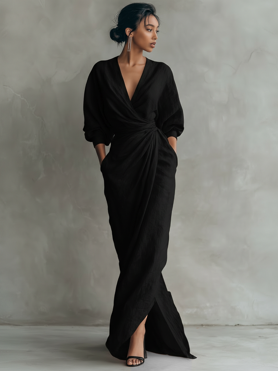 Smart casual brown V-neck wrap maxi dress. Women's elegant dress with relaxed fit and three-quarter sleeves for style.