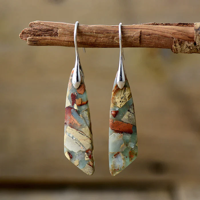 Elegant vintage natural stone clip-on earrings, hypoallergenic artisanal statement jewelry, unique gift for her.