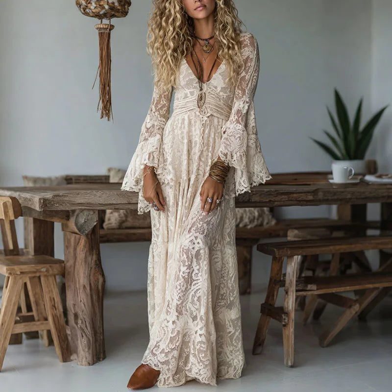 Elegant white deep V-neck maxi dress for women with graceful flare sleeves, perfect for weddings & formal events.