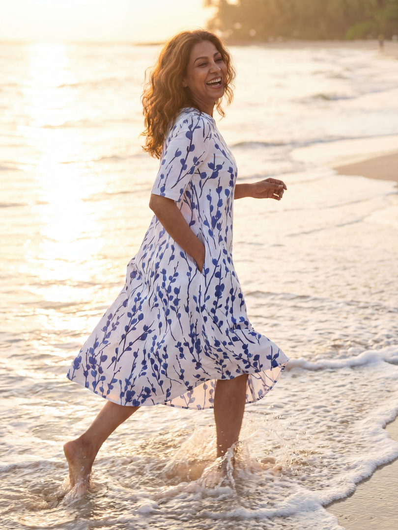 Women's casual white floral midi dress with short sleeves. Versatile A-line summer dress, ideal for daywear.